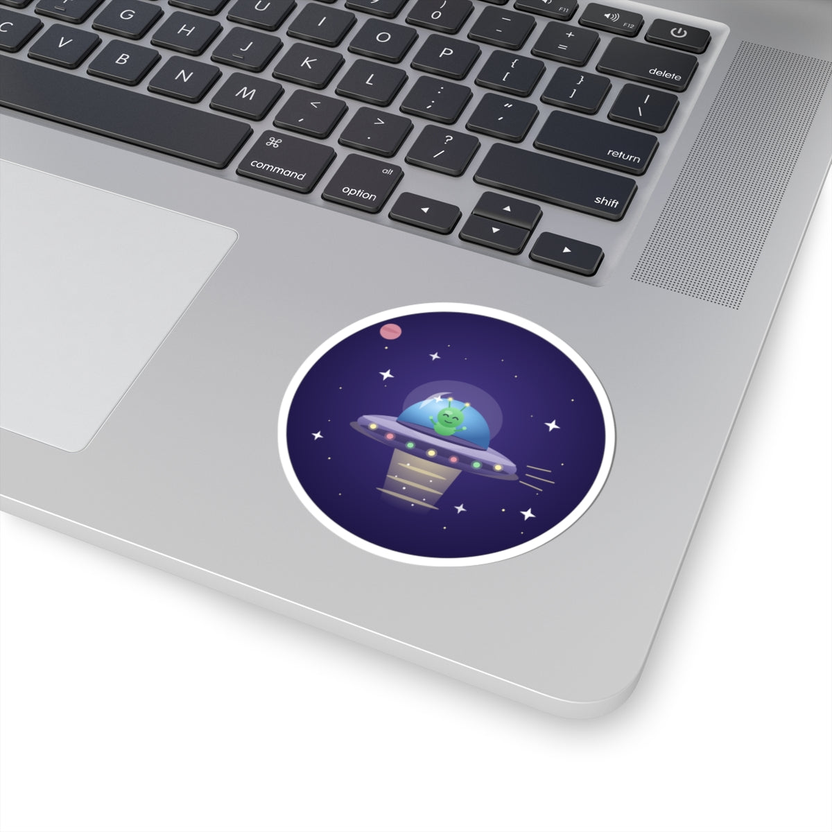 Alien UFO Sticker — Cute Green Alien Spaceship Kiss-Cut Sticker