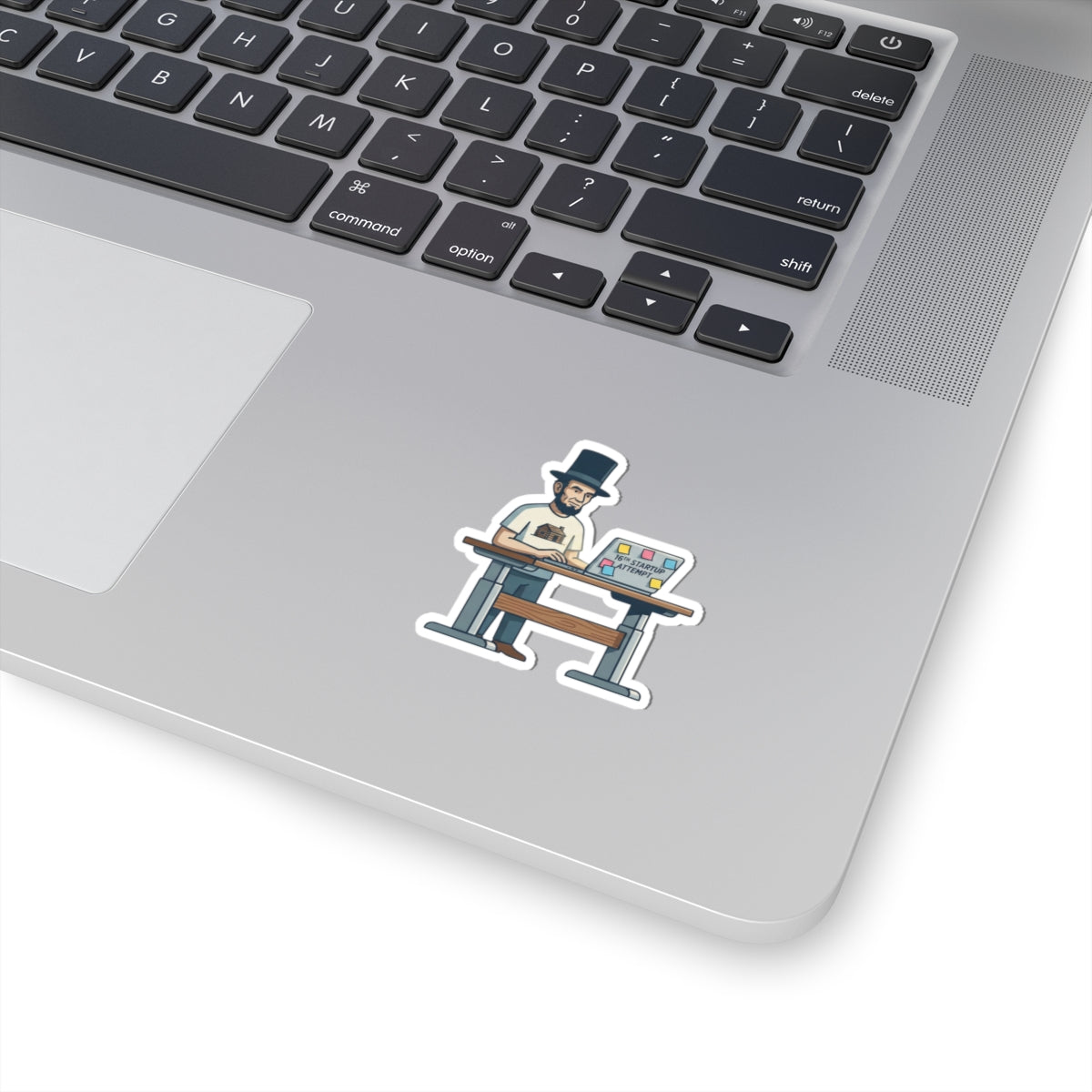 Sticker — Lincoln Working at Laptop "16th Startup Attempt"