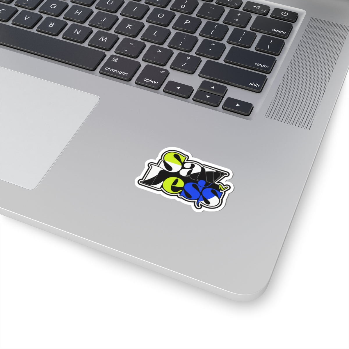 SavLess Bold Typography Kiss-Cut Sticker — Neon Lime & Blue Laptop Decal