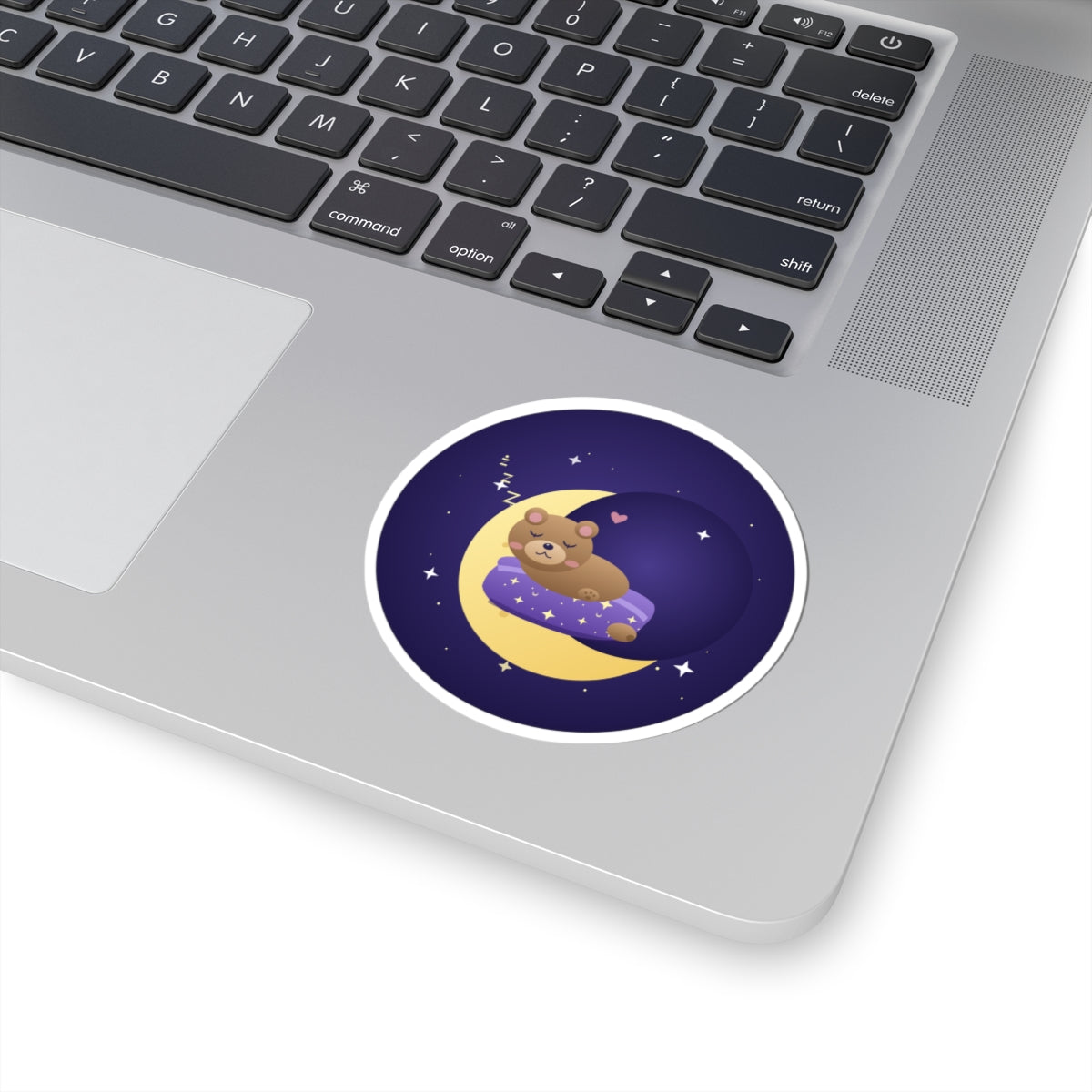 Sleeping Bear on Moon Kiss-Cut Sticker — Cute Nighttime Nursery Laptop Decal
