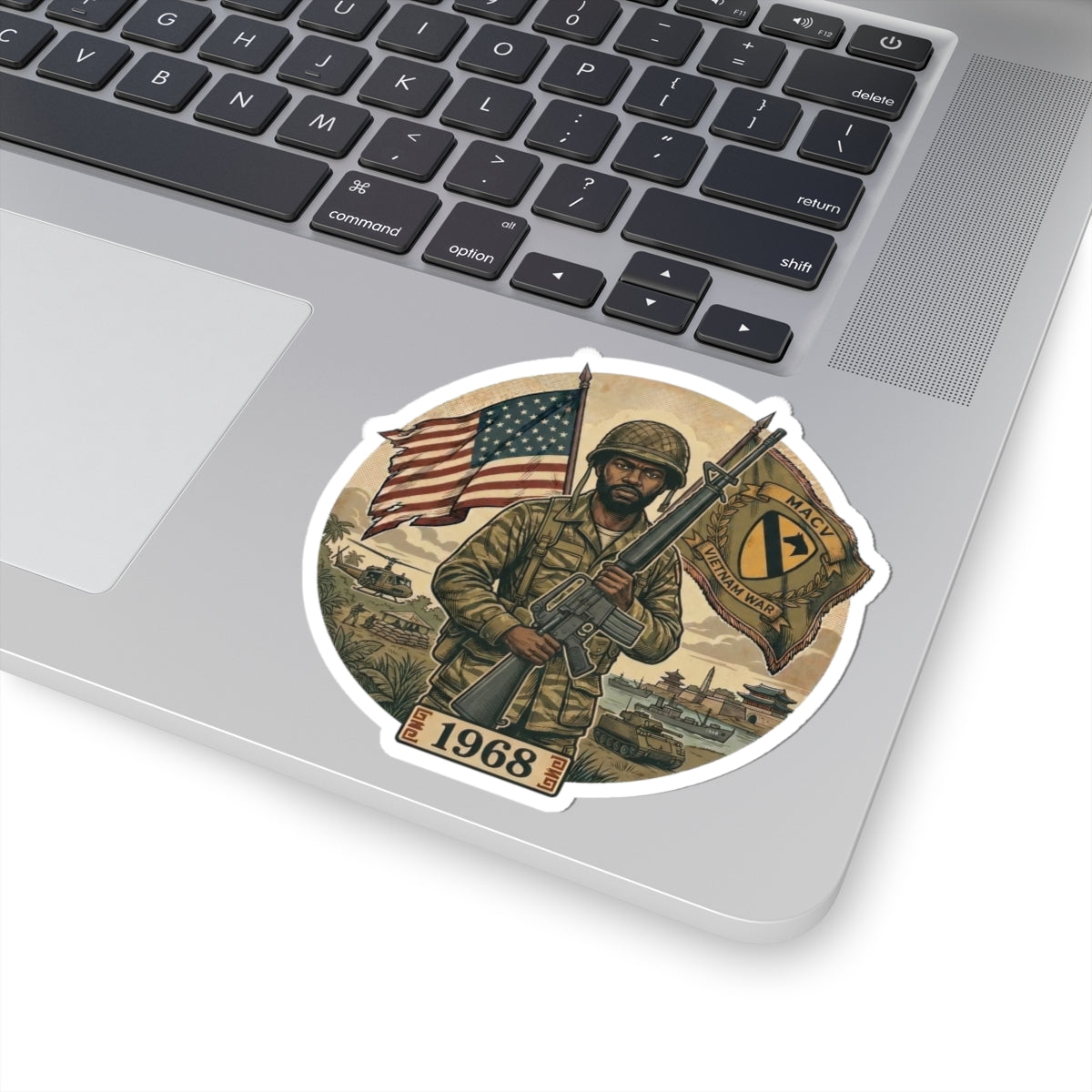 Vietnam War Veteran 1968 Sticker — Soldier with American Flag Kiss-Cut Decal