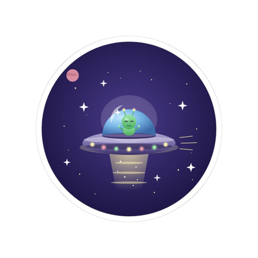 Alien UFO Sticker — Cute Green Alien Spaceship Kiss-Cut Sticker