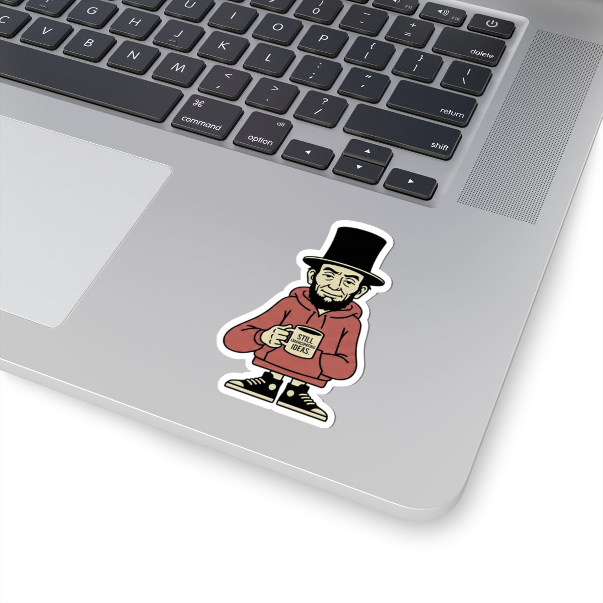 Abe with Coffee Sticker – Funny Abe Lincoln Character Kiss-Cut Sticker ("Still Brews Great Ideas")