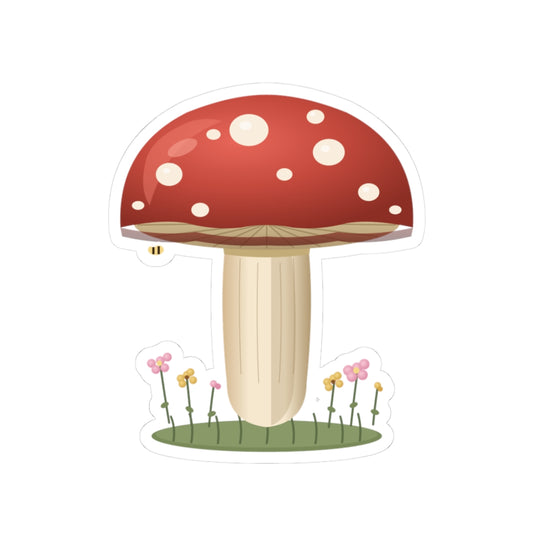 Mushroom Kiss-Cut Sticker — Cute Red Toadstool with Flowers (Laptop, Water Bottle Decal)