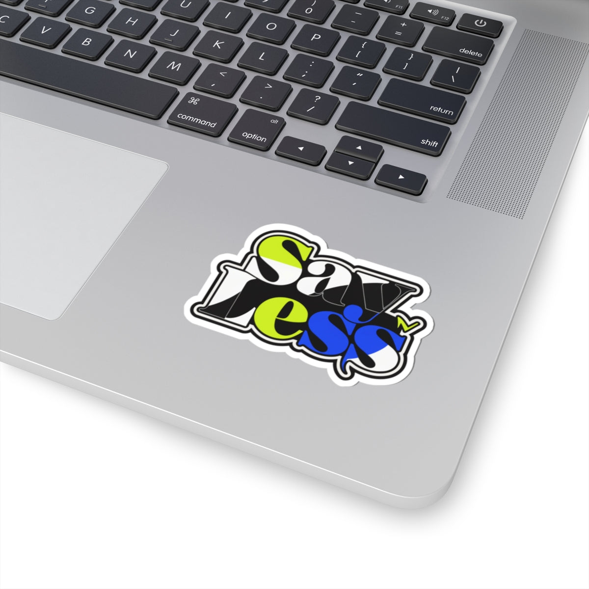 SavLess Bold Typography Kiss-Cut Sticker — Neon Lime & Blue Laptop Decal