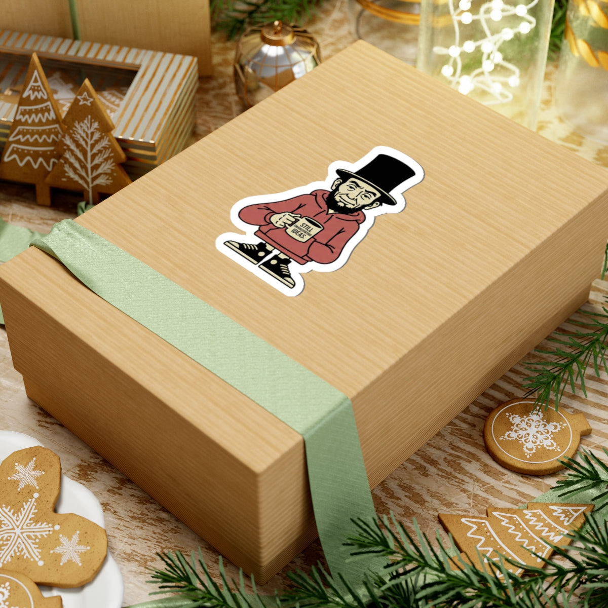 Abe with Coffee Sticker – Funny Abe Lincoln Character Kiss-Cut Sticker ("Still Brews Great Ideas")