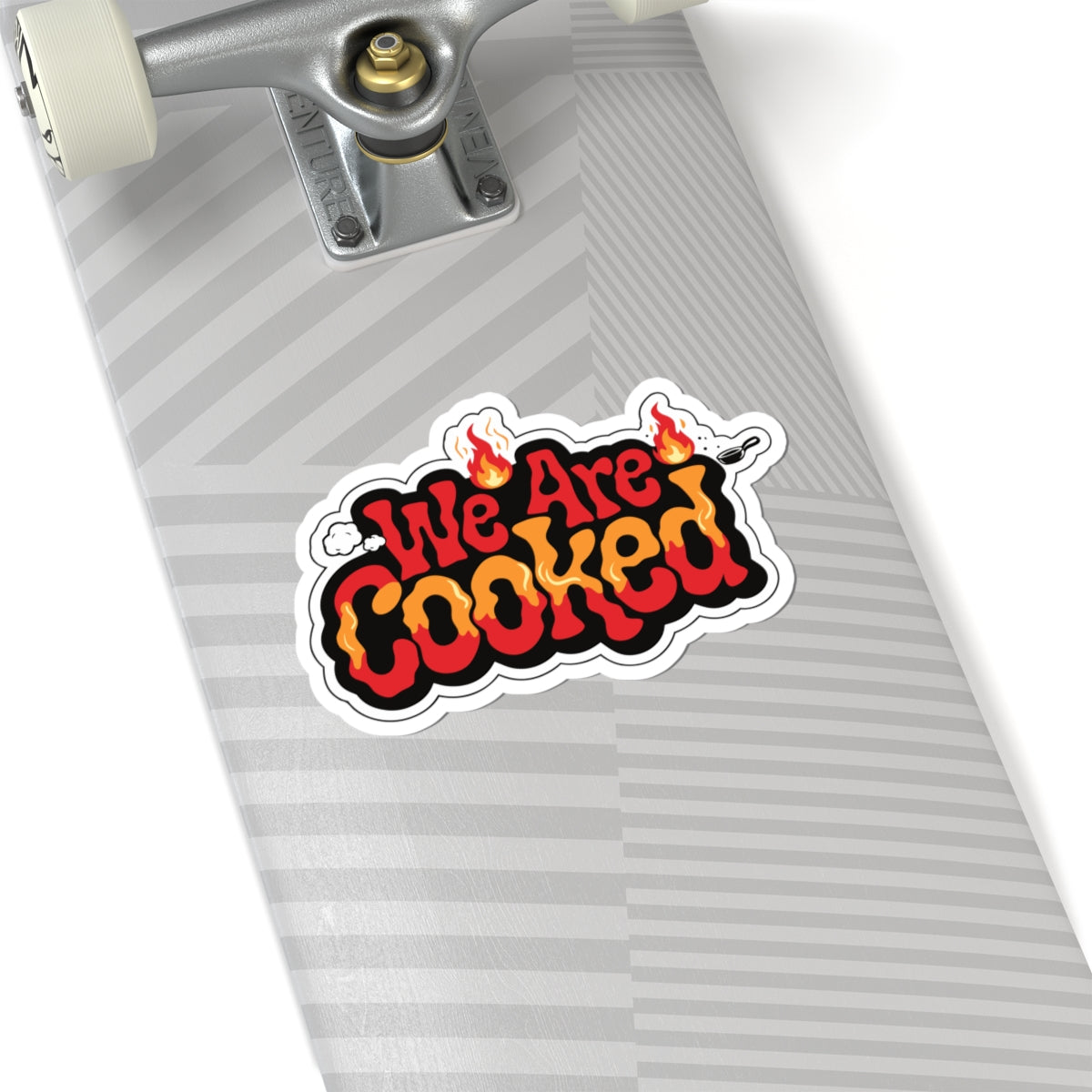 We Are Cooked Flame-Text Sticker — Funny Retro Heat Graphic Kiss-Cut Sticker