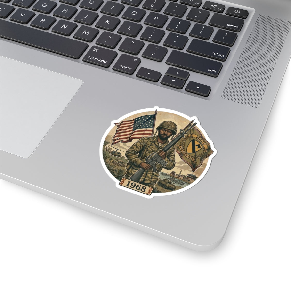 Vietnam War Veteran 1968 Sticker — Soldier with American Flag Kiss-Cut Decal