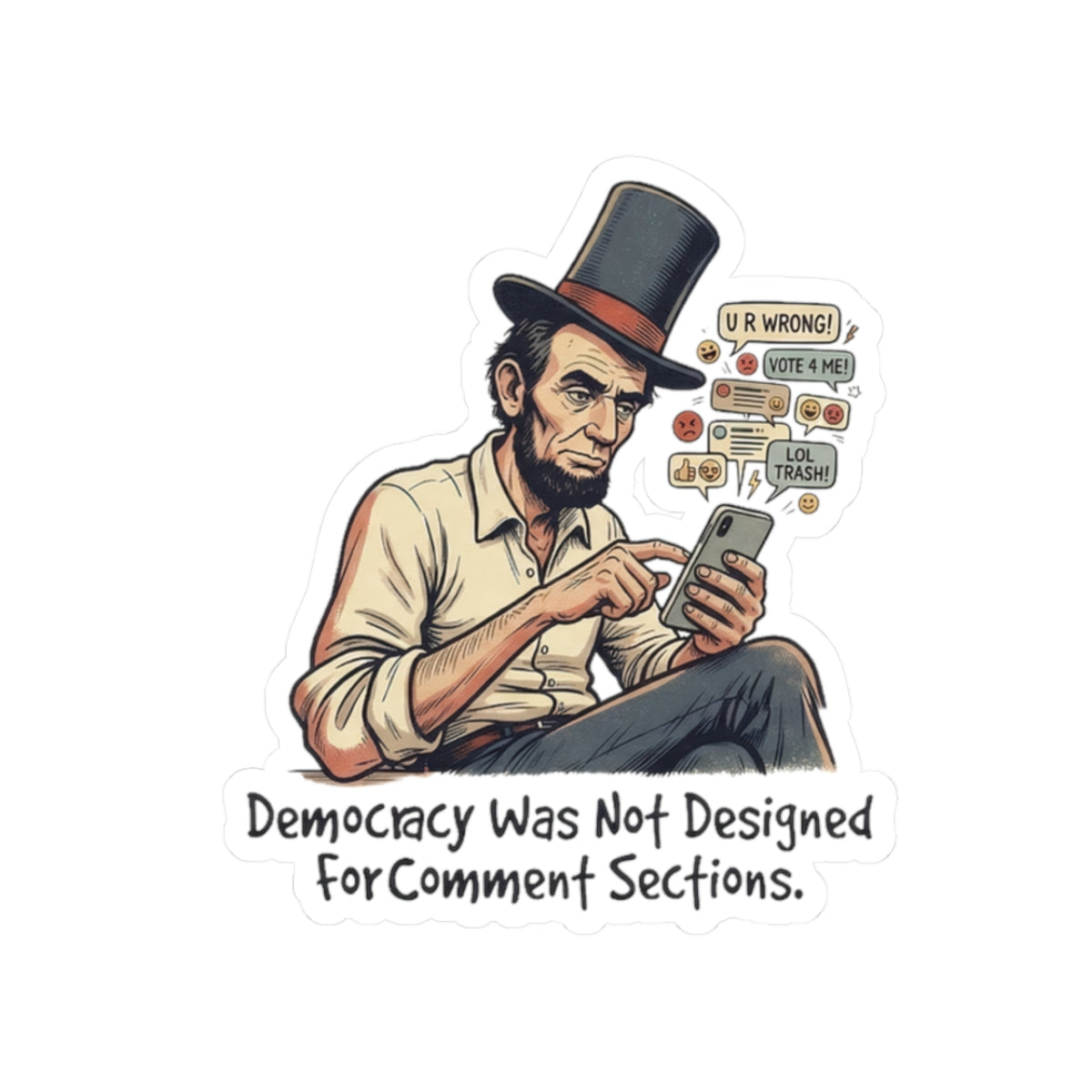 Kiss-Cut Sticker — 'Democracy Was Not Designed for Comment Sections' Abe Lincoln Political Sticker
