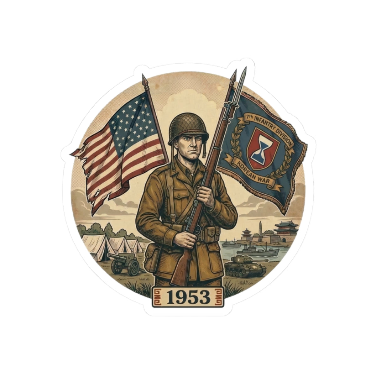 Vintage 1953 Army Soldier Flag Kiss-Cut Sticker — Patriotic Military Emblem