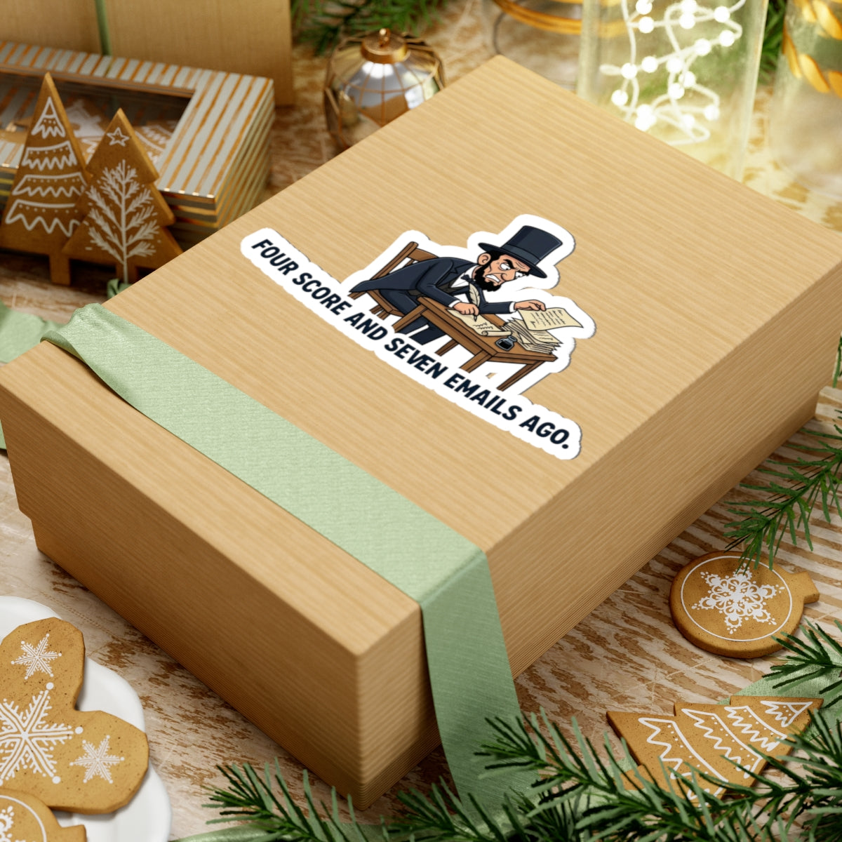 Kiss-Cut Sticker — Funny Abraham Lincoln "Four Score and Seven Emails Ago" Laptop Decal
