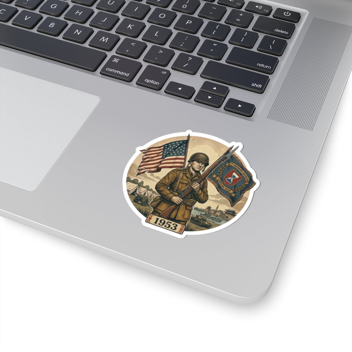 Vintage 1953 Army Soldier Flag Kiss-Cut Sticker — Patriotic Military Emblem