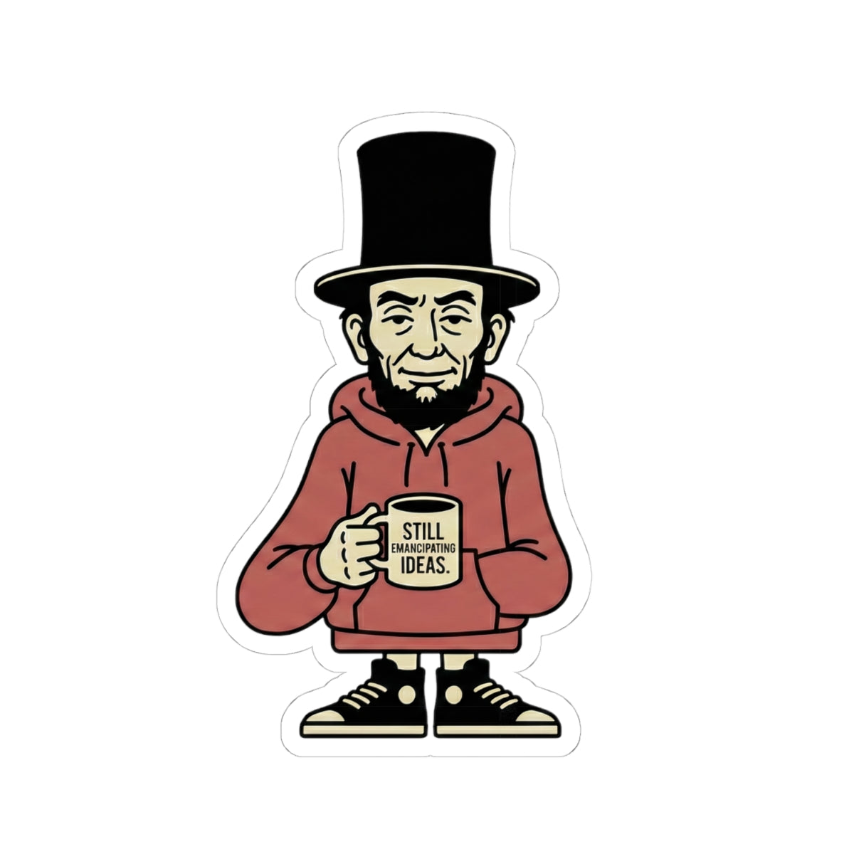 Abe with Coffee Sticker – Funny Abe Lincoln Character Kiss-Cut Sticker ("Still Brews Great Ideas")