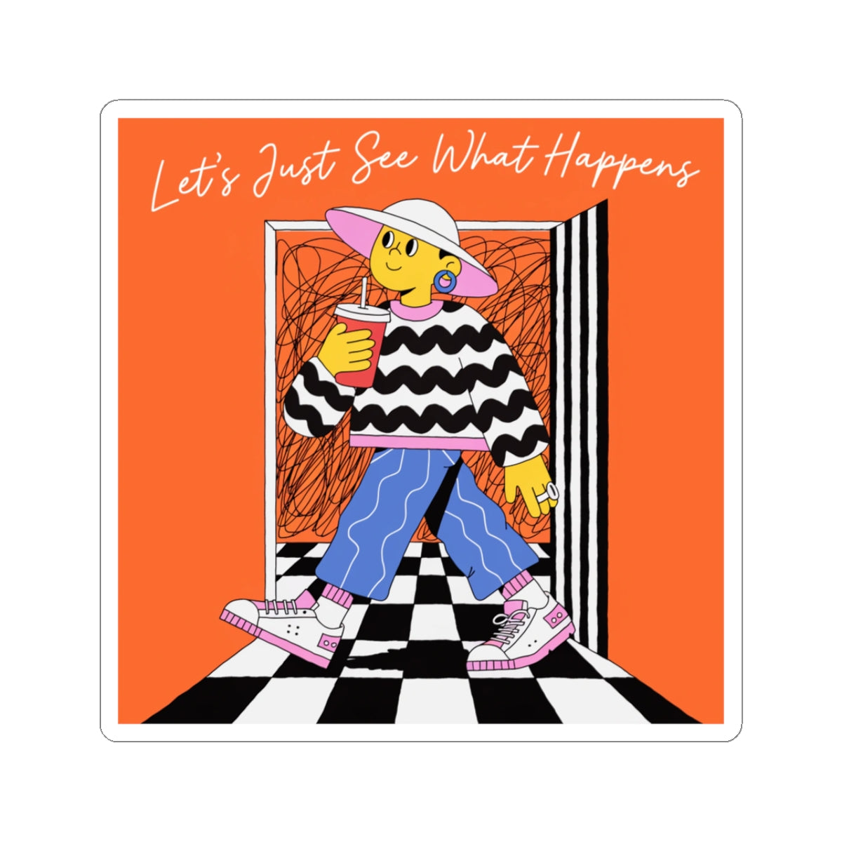 Sticker — “Let’s Just See What Happens” Colorful Retro Character Kiss-Cut Sticker