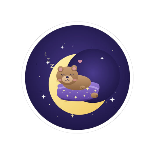 Sleeping Bear on Moon Kiss-Cut Sticker — Cute Nighttime Nursery Laptop Decal