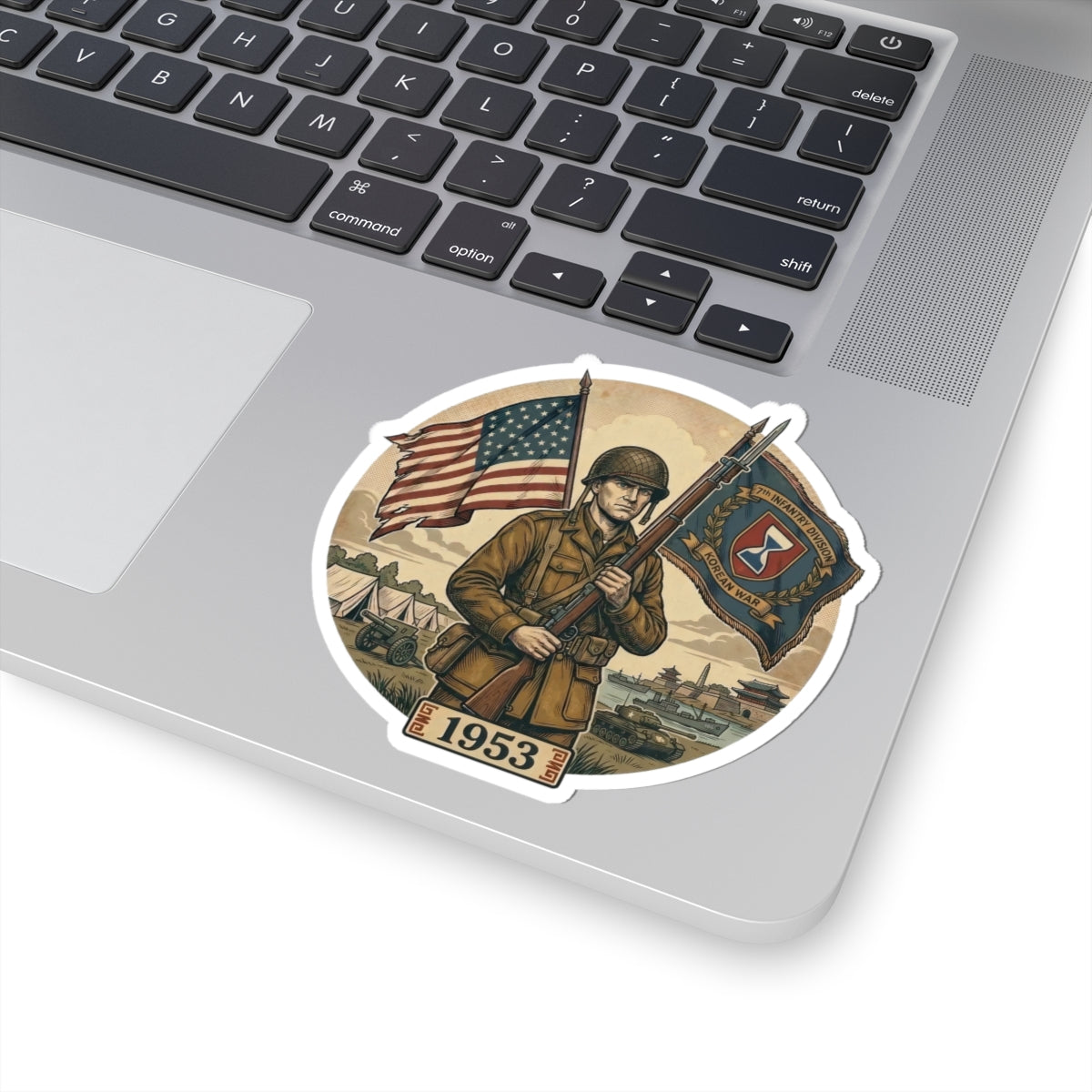 Vintage 1953 Army Soldier Flag Kiss-Cut Sticker — Patriotic Military Emblem