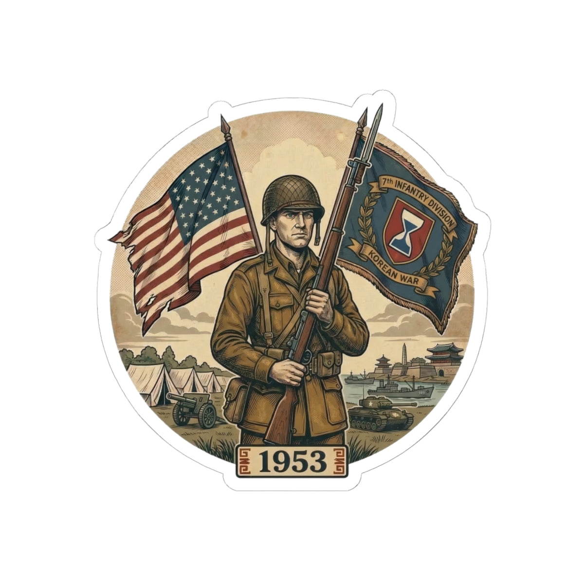 Vintage 1953 Army Soldier Flag Kiss-Cut Sticker — Patriotic Military Emblem