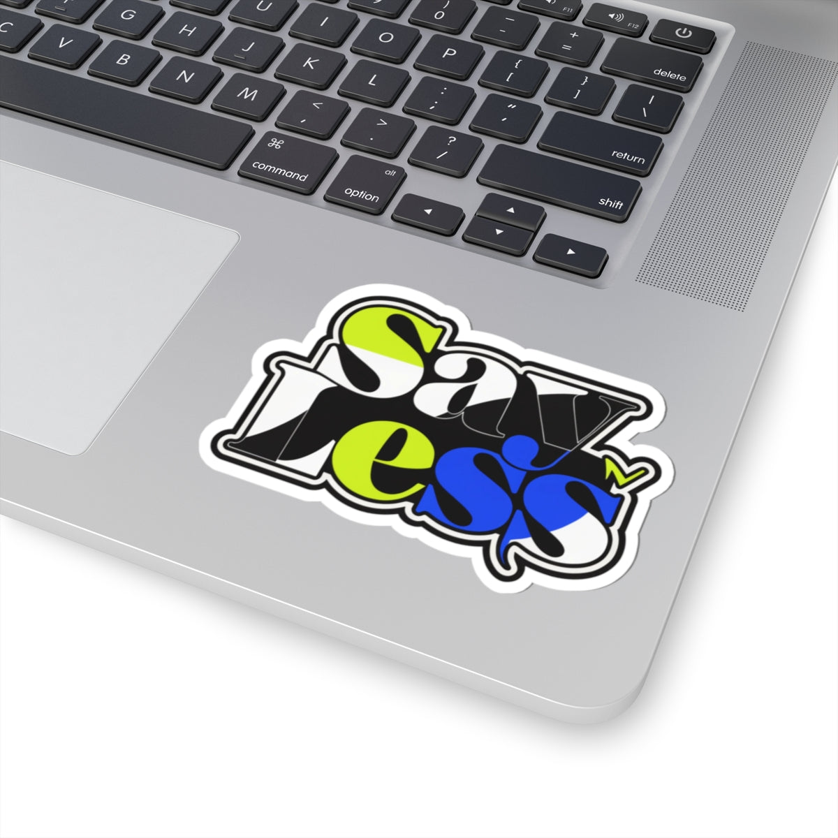 SavLess Bold Typography Kiss-Cut Sticker — Neon Lime & Blue Laptop Decal