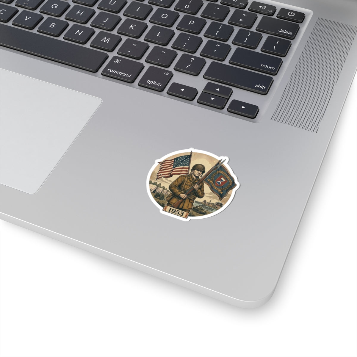 Vintage 1953 Army Soldier Flag Kiss-Cut Sticker — Patriotic Military Emblem