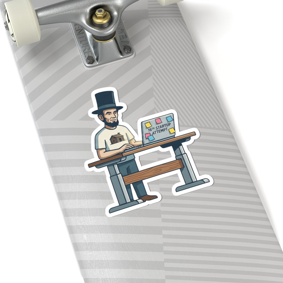 Sticker — Lincoln Working at Laptop "16th Startup Attempt"