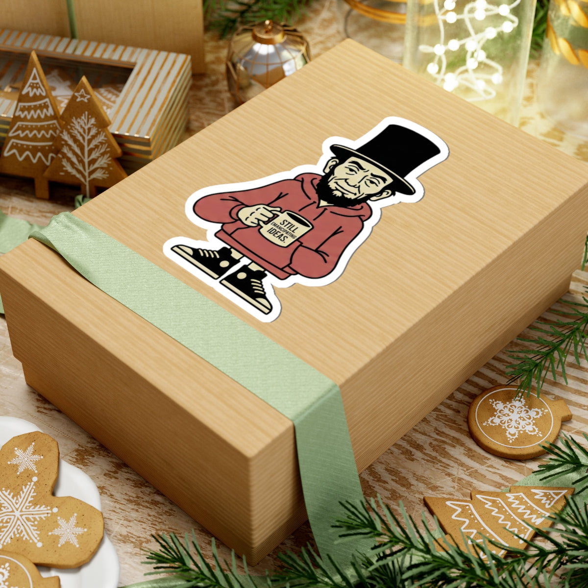 Abe with Coffee Sticker – Funny Abe Lincoln Character Kiss-Cut Sticker ("Still Brews Great Ideas")