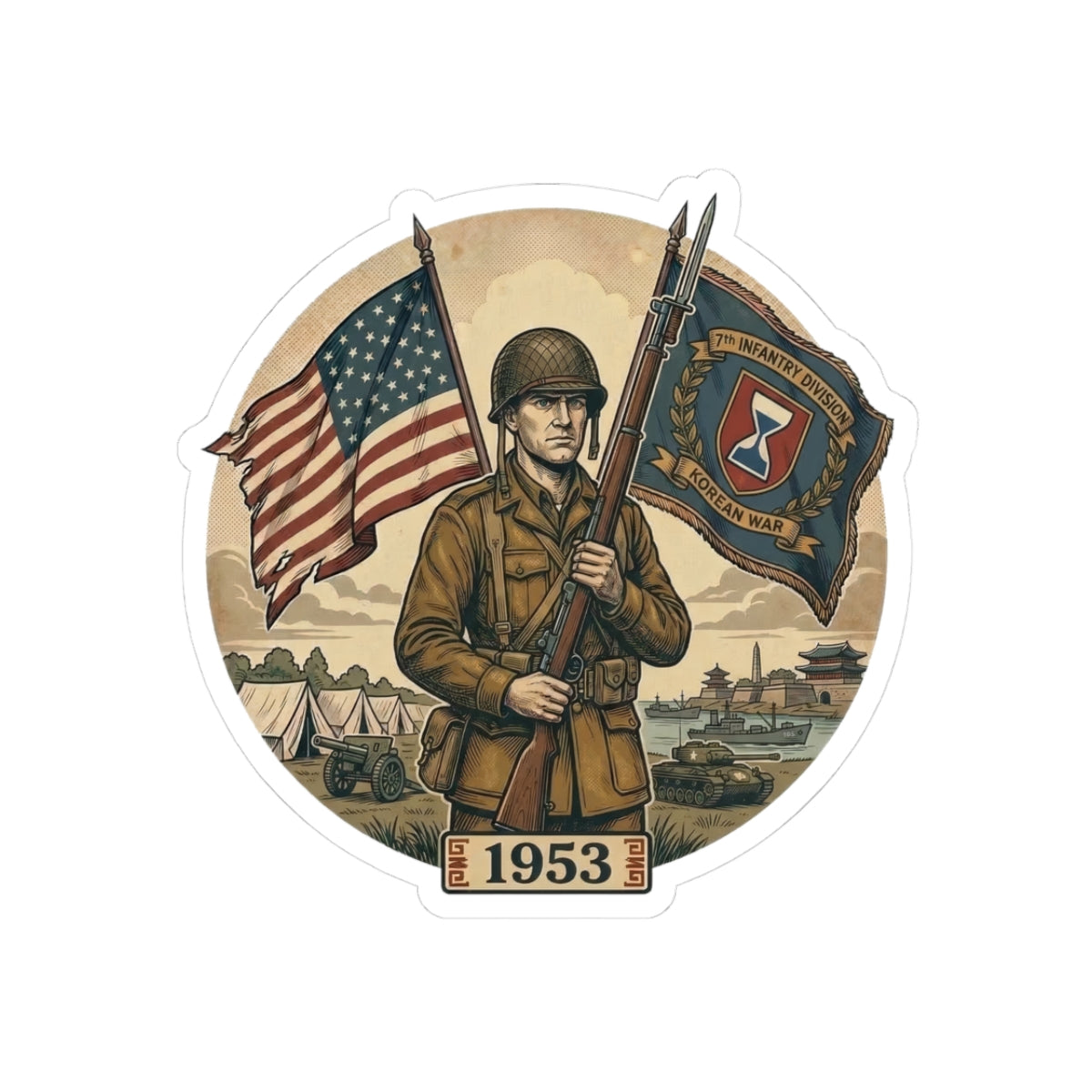 Vintage 1953 Army Soldier Flag Kiss-Cut Sticker — Patriotic Military Emblem