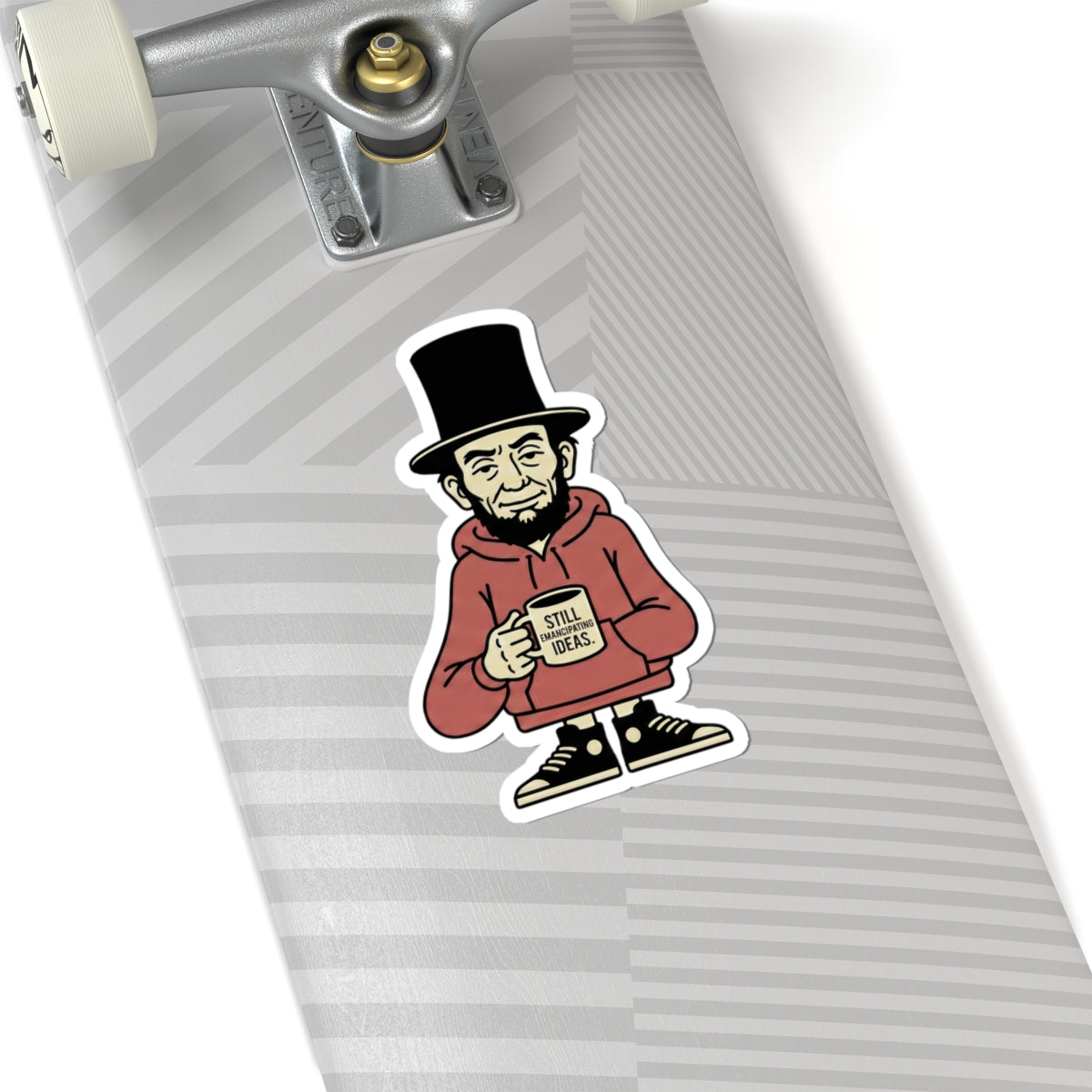 Abe with Coffee Sticker – Funny Abe Lincoln Character Kiss-Cut Sticker ("Still Brews Great Ideas")