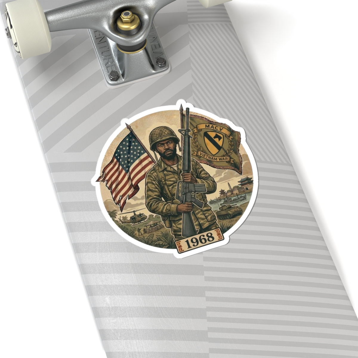 Vietnam War Veteran 1968 Sticker — Soldier with American Flag Kiss-Cut Decal