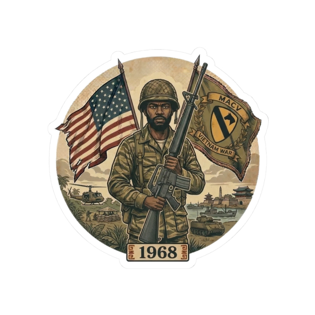 Vietnam War Veteran 1968 Sticker — Soldier with American Flag Kiss-Cut Decal