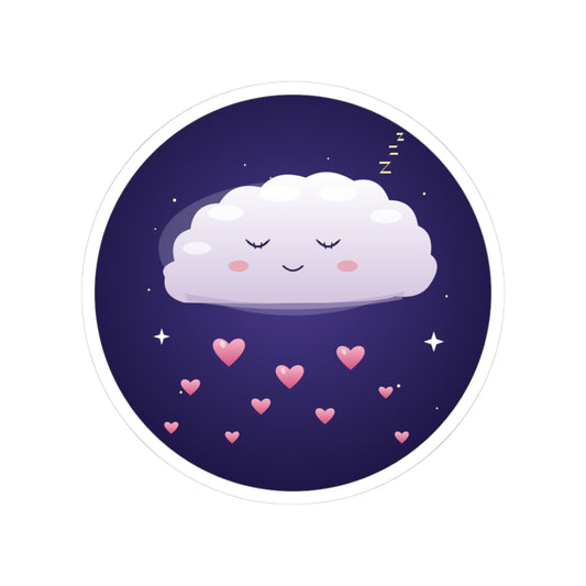 Sleeping Cloud Kiss-Cut Sticker — Cute Heart Rain Laptop Decal