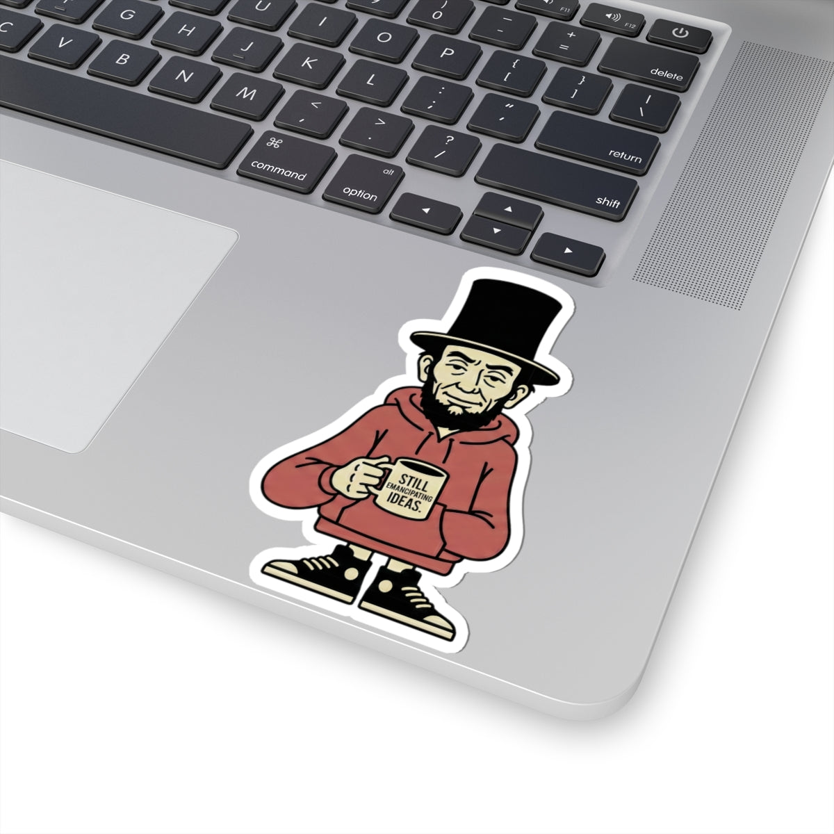Abe with Coffee Sticker – Funny Abe Lincoln Character Kiss-Cut Sticker ("Still Brews Great Ideas")