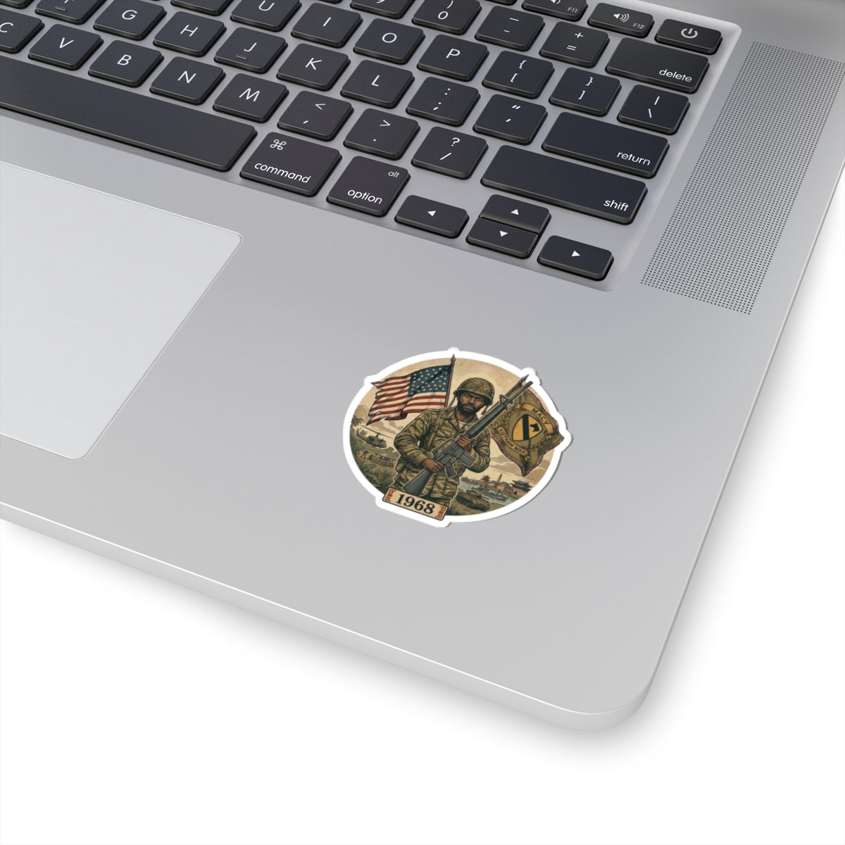 Vietnam War Veteran 1968 Sticker — Soldier with American Flag Kiss-Cut Decal