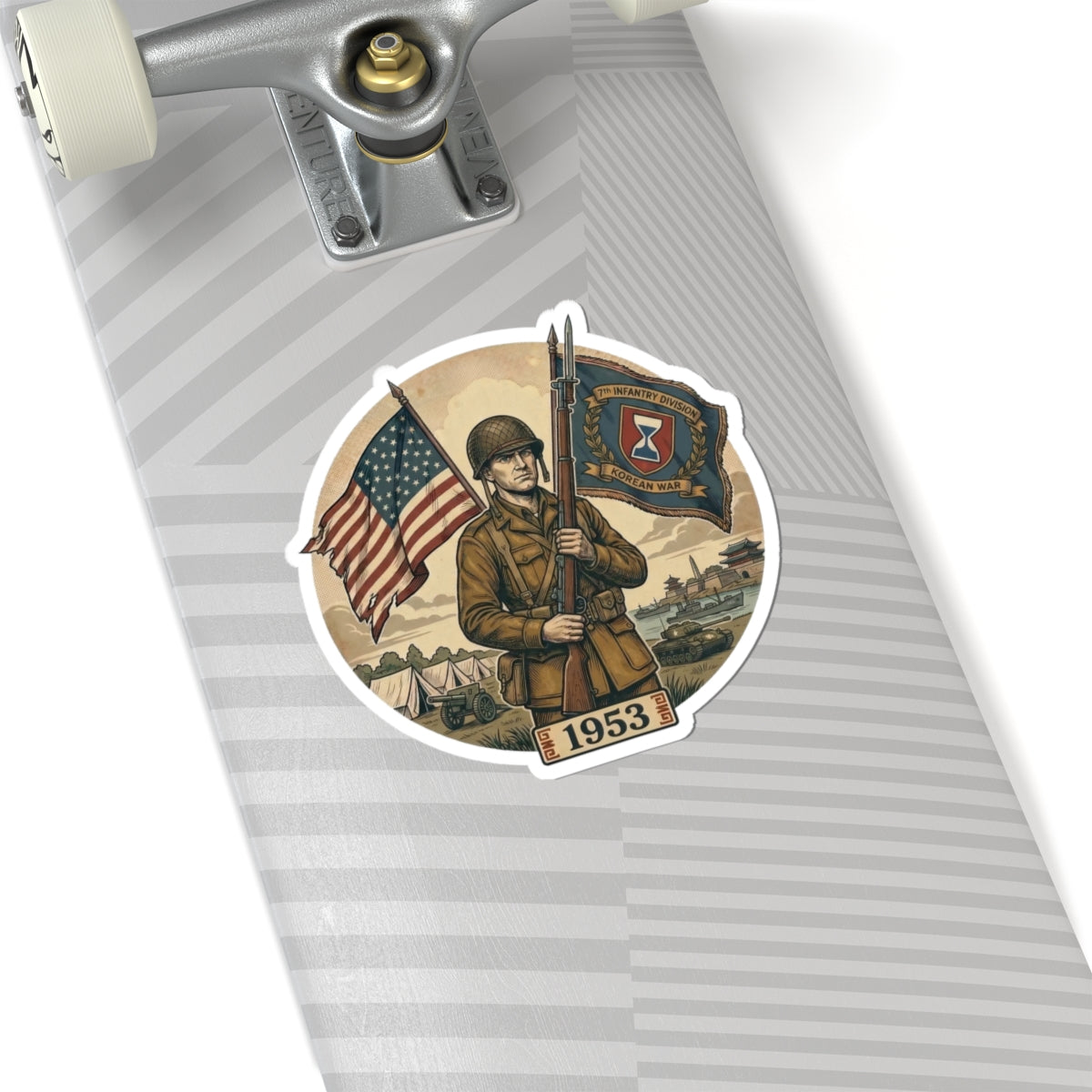 Vintage 1953 Army Soldier Flag Kiss-Cut Sticker — Patriotic Military Emblem