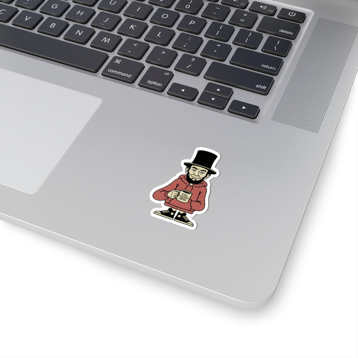 Abe with Coffee Sticker – Funny Abe Lincoln Character Kiss-Cut Sticker ("Still Brews Great Ideas")